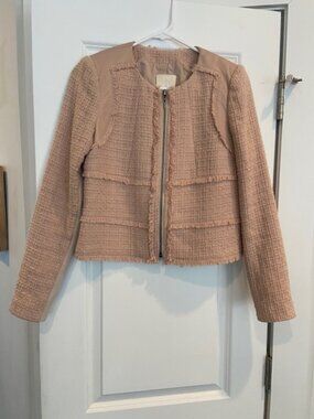 Rebecca Taylor Blush Pink Tweed & Lamb Leather Moto Jacket Size 4